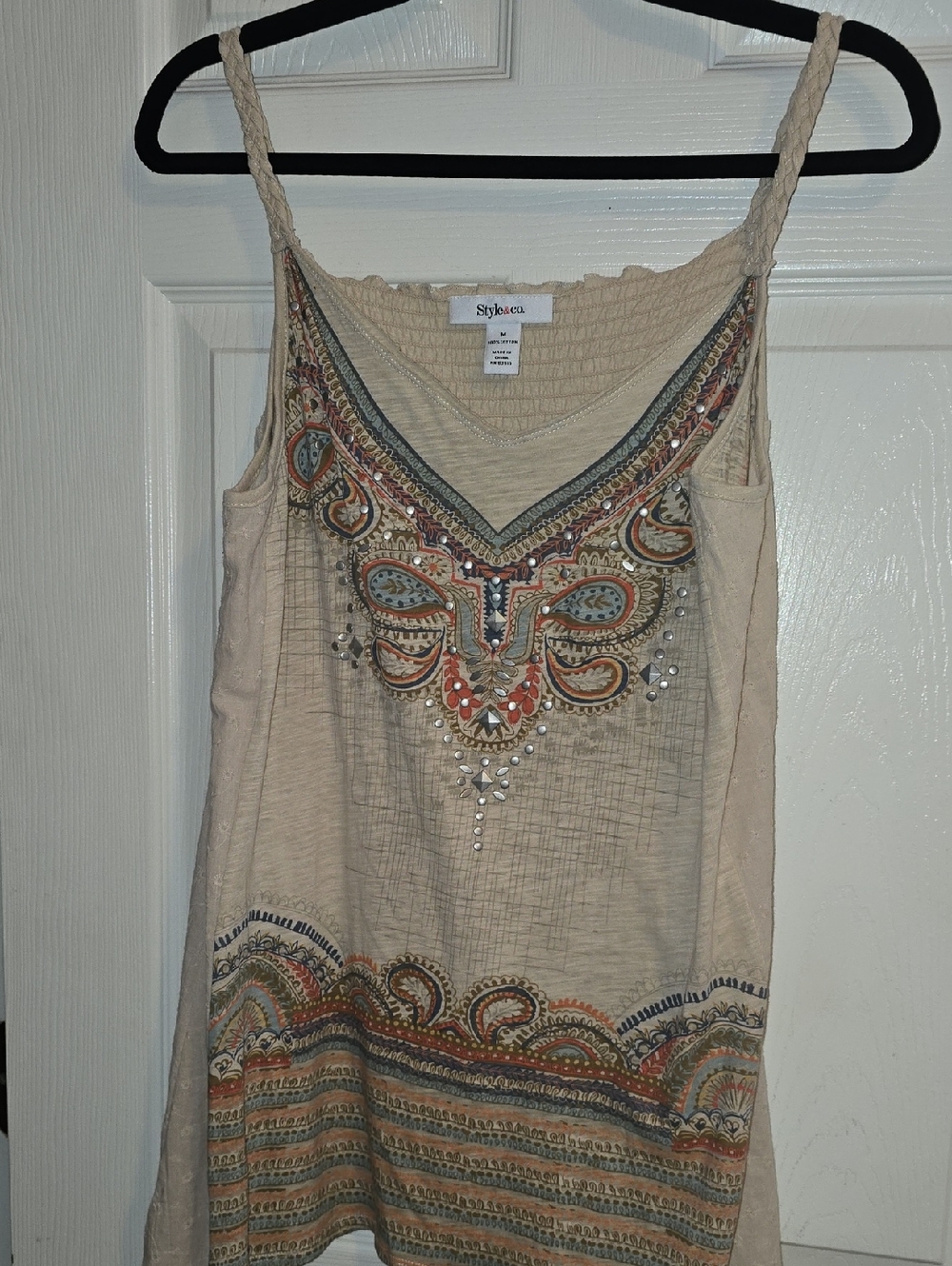 Style & Co. Beige Embellished V-Neck Camisole with Multicolor Accents
